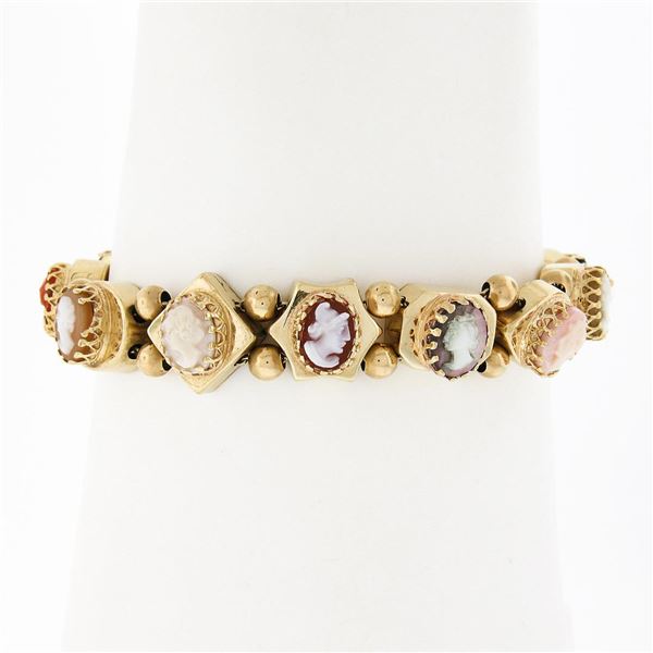 Vintage 14K Gold 6.25" Hardstone Cameo Polished Multi Shape Slide Charm Bracelet