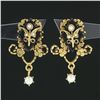 Vintage Victorian Revival 14k Gold Lozenge Black Onyx Pearl Drop Dangle Earrings