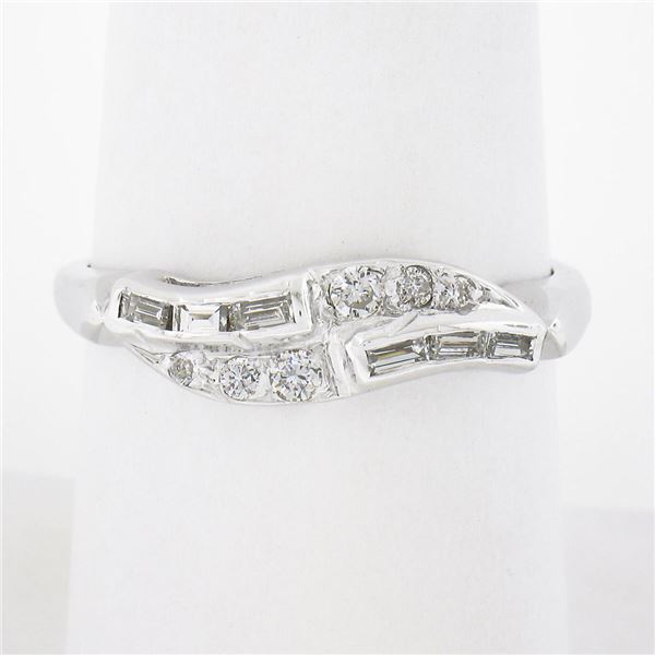 14k White Gold 0.28 ctw Baguette & Round Brilliant Diamond Wavy Stack Band Ring