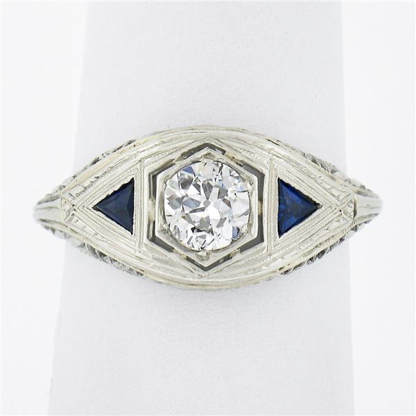 Antique Art Deco 18k Gold Old European Diamond w/ Sapphire Floral Filigree Ring