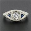 Image 2 : Antique Art Deco 18k Gold Old European Diamond w/ Sapphire Floral Filigree Ring