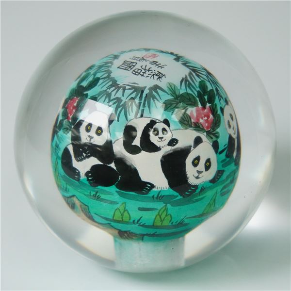 Chinese Inside Painted Crystal Paperweight, Pandas and Bamboo