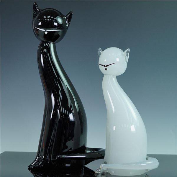 2pc Formia Murano Glass Cat Sculptures, Black & White