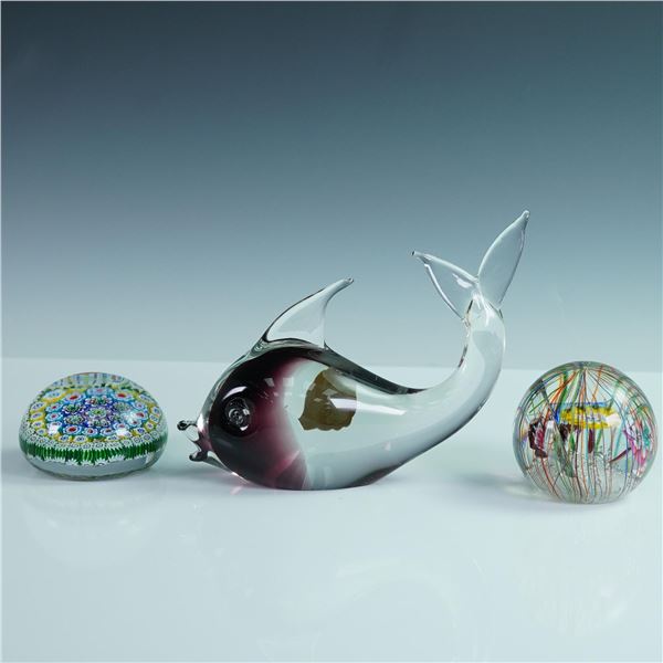3pc Murano Art Glass Millefiori and Figural Paperweights