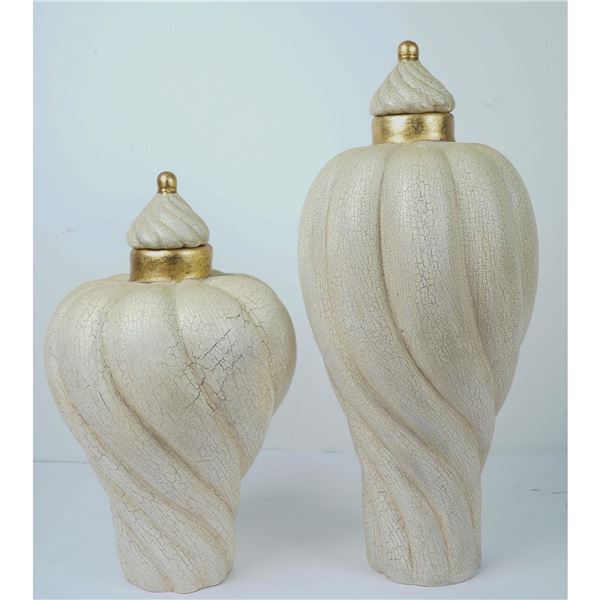 2pc Swirled Ceramic Lidded Jars, Crackle Light Green Finish & Gilt Accents