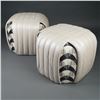Image 7 : 2pc Contemporary Leather & Fabric Ottomans, Matching Set