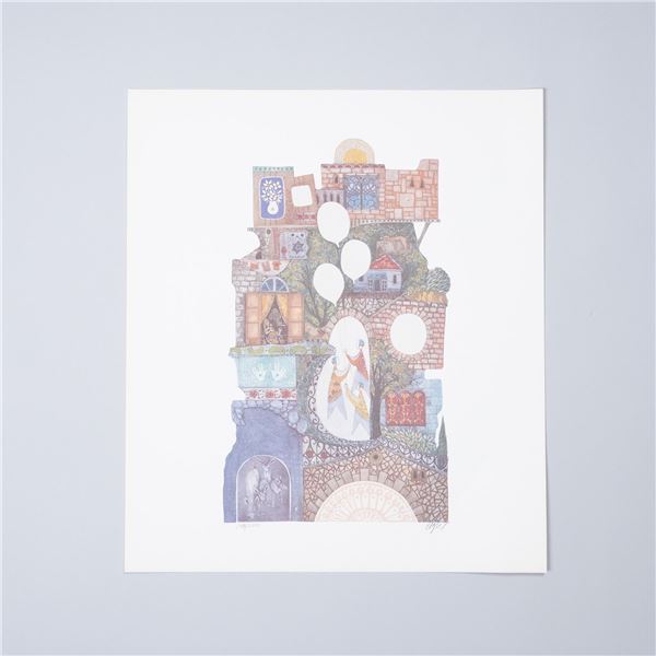 Amram Ebgi, Color Etching on Paper, Children with Balloons at Safat Signed