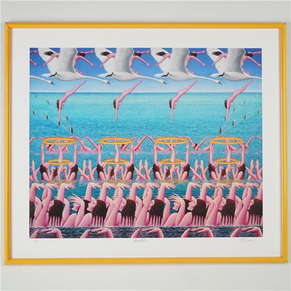 B.F. Jonas Signed Surrealist Figurative Print – Swan Dive