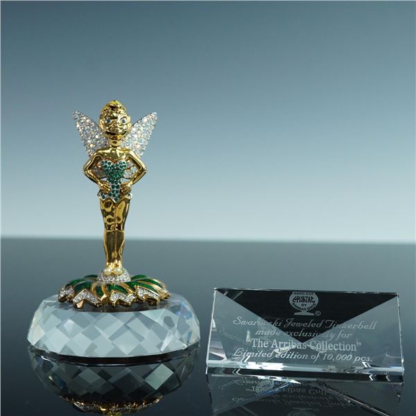 3pc Cristal by Arribas Bros Jeweled Tinkerbell Figurine, Plaque and Base