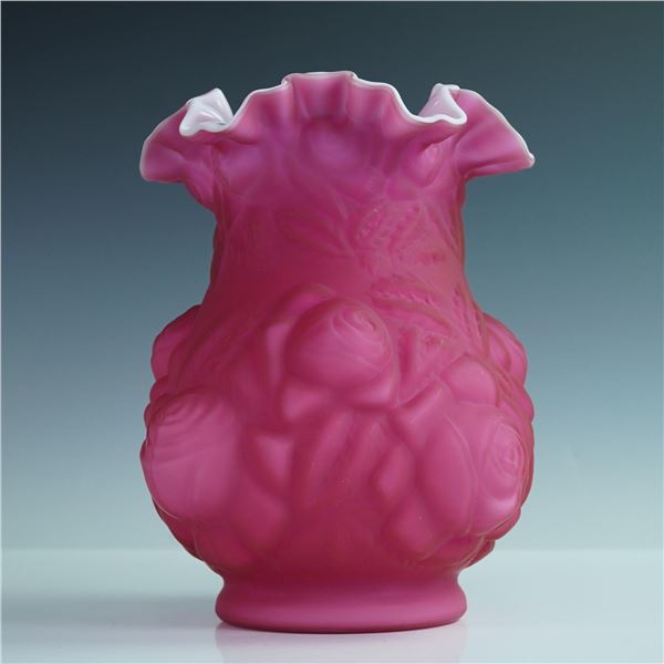 Victorian Style Pink Satin Glass Vase with Embossed Roses