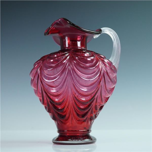 Fenton Art Glass Cranberry Pitcher, Signed Bill Fenton