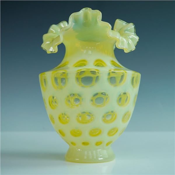 Opalescent Yellow Glass Vase with Ruffled Rim
