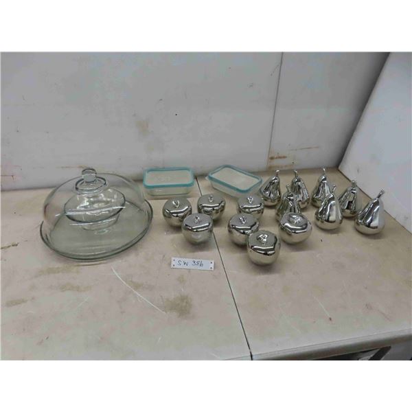 large glass serving tray, 14 silver glass ornaments, 