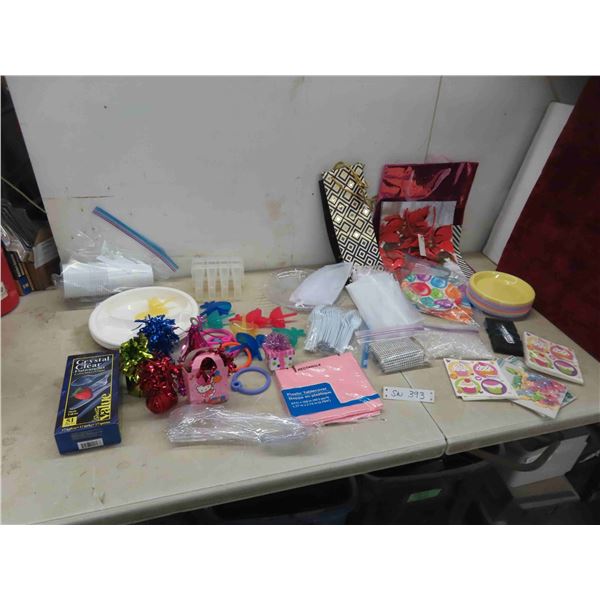 gift bags, disposable plates, cutlery, cups, napkins,