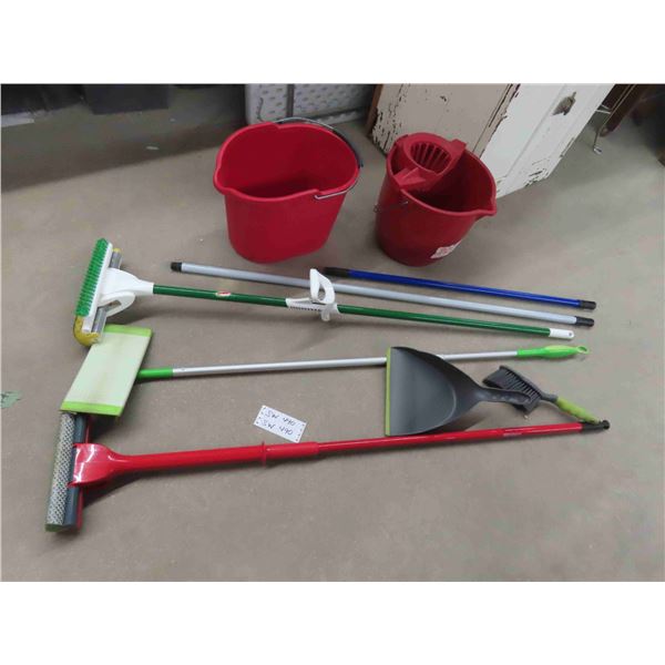 mops, swiffer and 2 pails 
