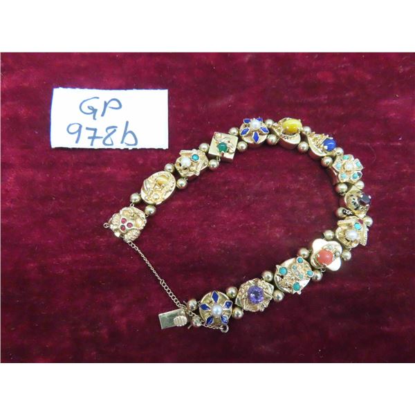 14kt Gold Bracelet  1950s Semi Precious Stones Turquoise , Amethyst, Coral Slide Charm Bracelet