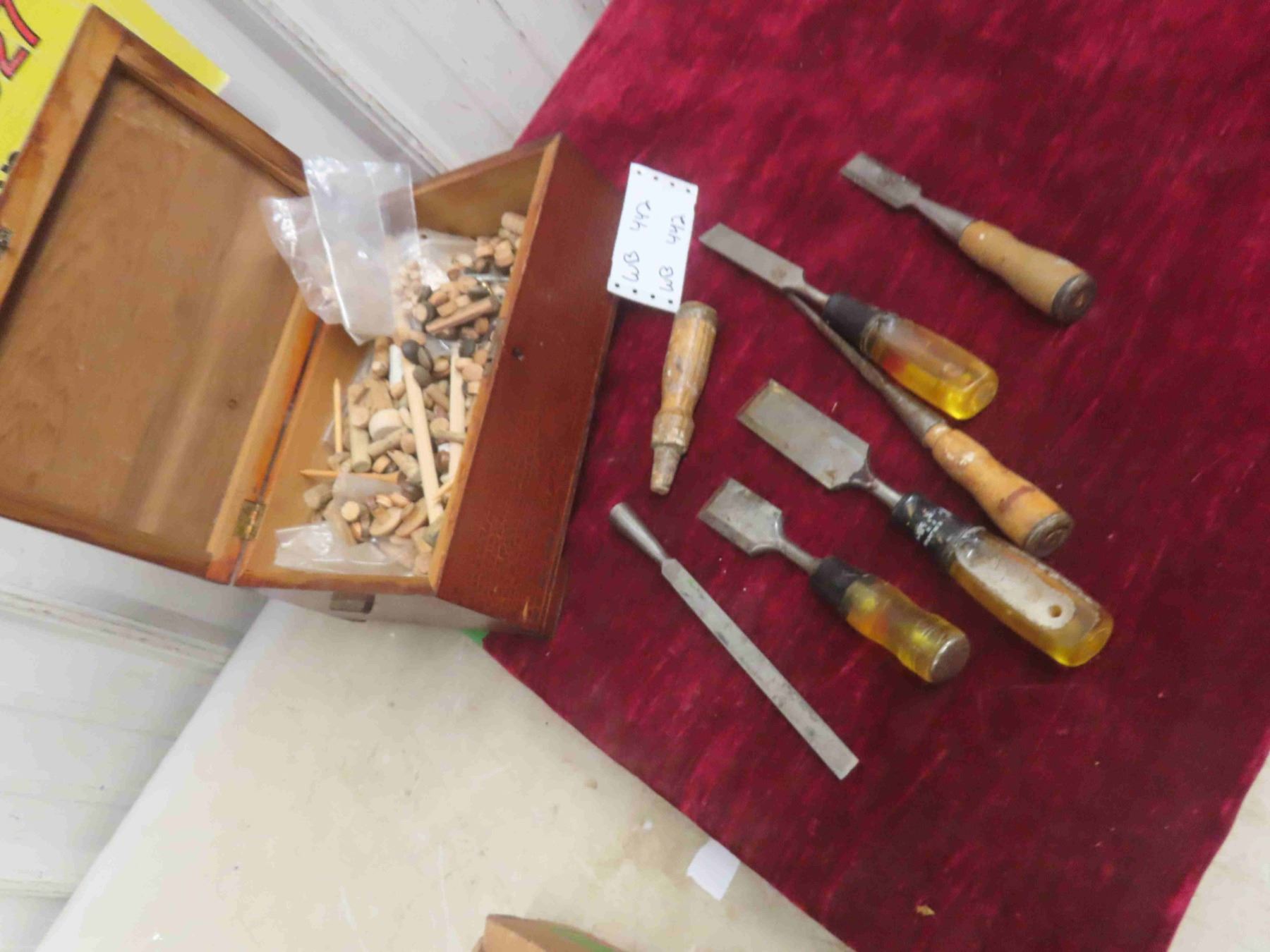 Vintage Wood Chisels & Box Full of Dowels