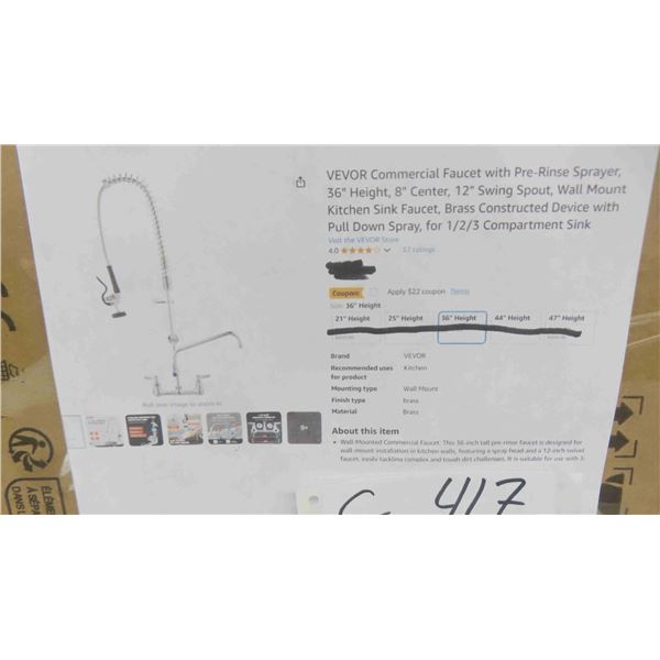 VEVOR Commercial Faucet with Pre-Rinse Sprayer, 36" Height, 