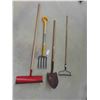 Image 1 : 4 Hand Yard Tools: Spade, Potato Fork, 2 Rakes 