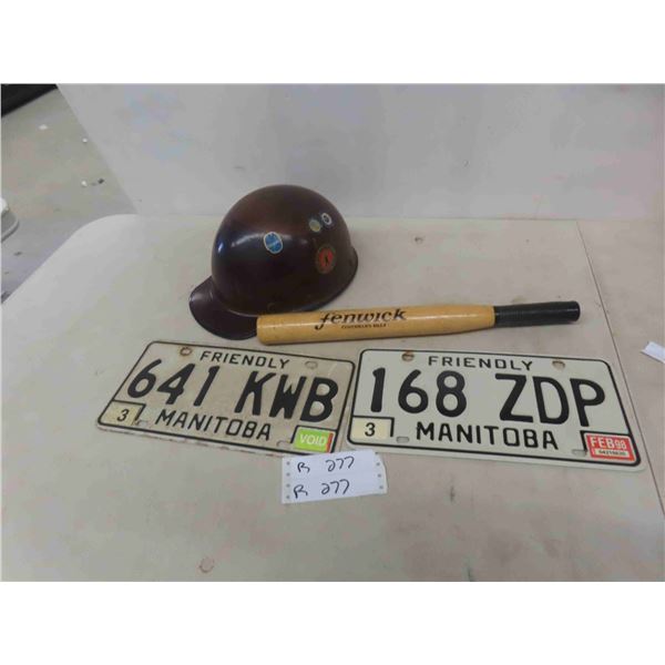 Mining Helmet, Fisherman Billy, 2 Manitoba License Plates 