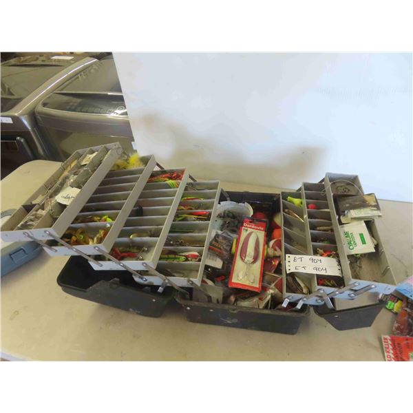 Fishing Tackle Box with Hooks, Lures, Jigs, Some New. 