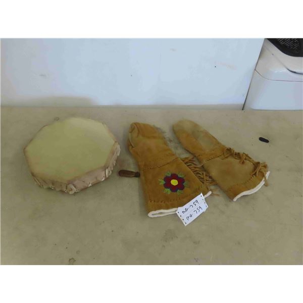 Deer Hide 1st Nations Drum, Pair of Gauntlets, Drum 