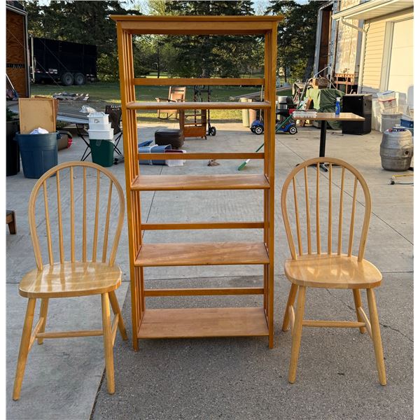 OPEN SIDE MISSION STYLE BOOKSHELF AND TWO BENT BACK CHAIRS