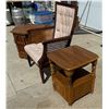 Image 14 : VINTAGE UPHOLSTERY AND WICKER ARMCHAIR AND TWO END TABLES, EACH WITH STORAGE