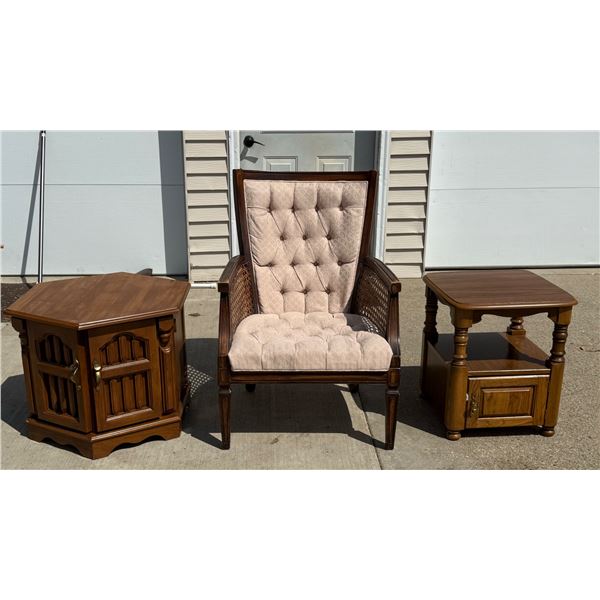 VINTAGE UPHOLSTERY AND WICKER ARMCHAIR AND TWO END TABLES, EACH WITH STORAGE