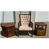 Image 1 : VINTAGE UPHOLSTERY AND WICKER ARMCHAIR AND TWO END TABLES, EACH WITH STORAGE