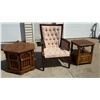 Image 2 : VINTAGE UPHOLSTERY AND WICKER ARMCHAIR AND TWO END TABLES, EACH WITH STORAGE