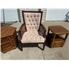 Image 3 : VINTAGE UPHOLSTERY AND WICKER ARMCHAIR AND TWO END TABLES, EACH WITH STORAGE