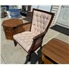 Image 5 : VINTAGE UPHOLSTERY AND WICKER ARMCHAIR AND TWO END TABLES, EACH WITH STORAGE