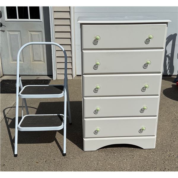 TALL DRESSER - FIVE DRAWERS, AND STEP LADDER