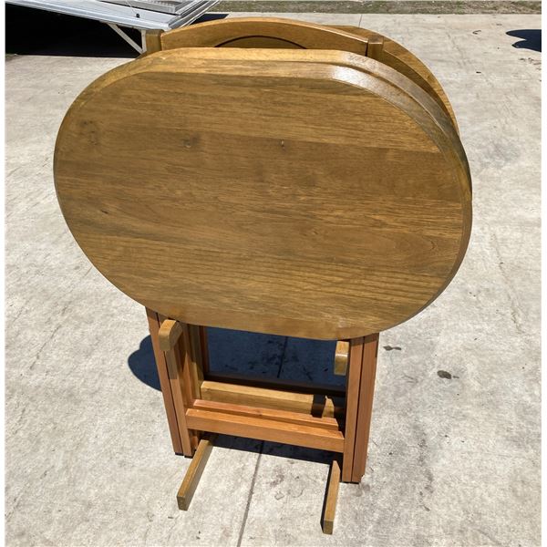 WOODEN, FOLDING TV TABLES WITH STORAGE RACK