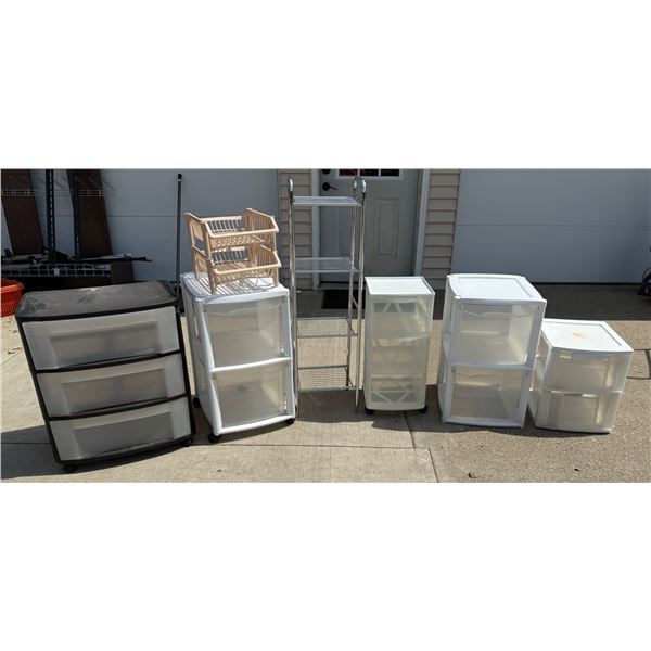 LOT OF PLASTIC STORAGE BINS AND A METAL SHELF