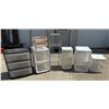 Image 1 : LOT OF PLASTIC STORAGE BINS AND A METAL SHELF