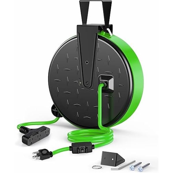 Dewenwils 30FT Retractable Cord Reel/Power Cord Reel w/ 3-Outlets - Brand New!