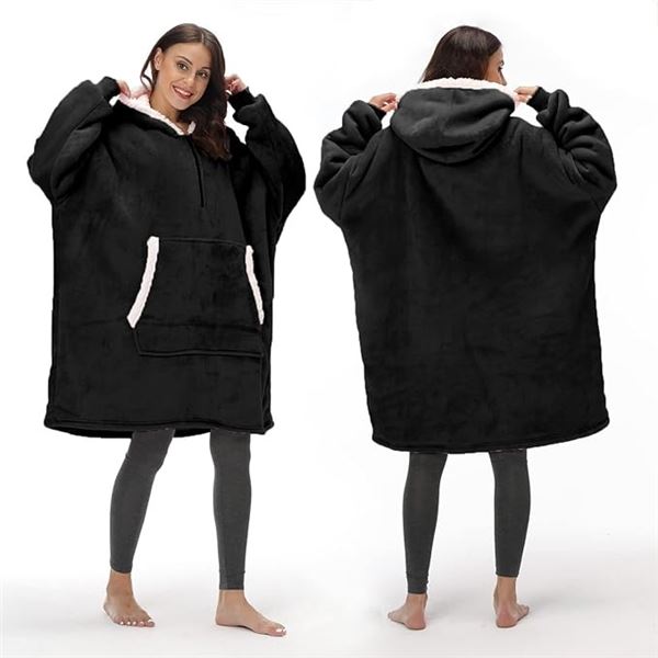 1 Wearable 'Snuggie' Oversized Quarter-Zip Hoodie Blanket for Women/Men - Black; New (Vacuum Sealed)
