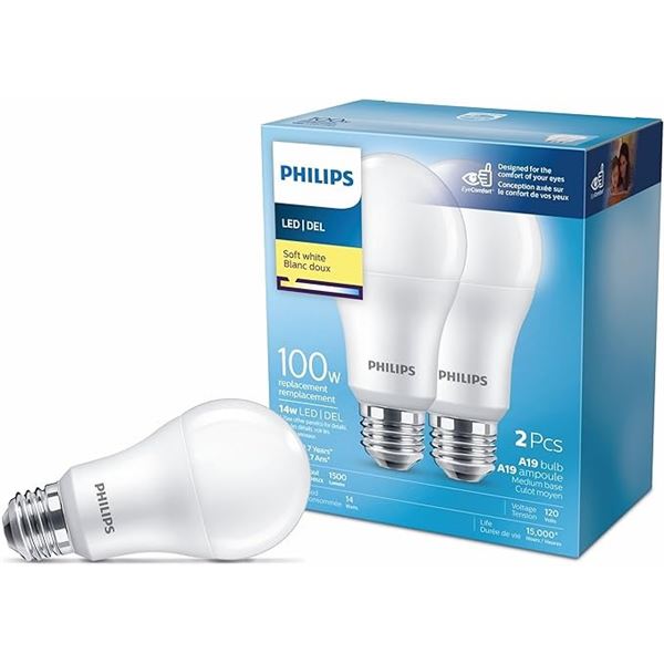 Box of 2 Philips 100W LED Soft White 14w A19 Light Bulbs - New