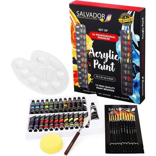Salvador Acrylic 40PC Paint Set; Includes 24-Colours w/ 12 Brushes, Mixing Knife, Palette, etc - NEW
