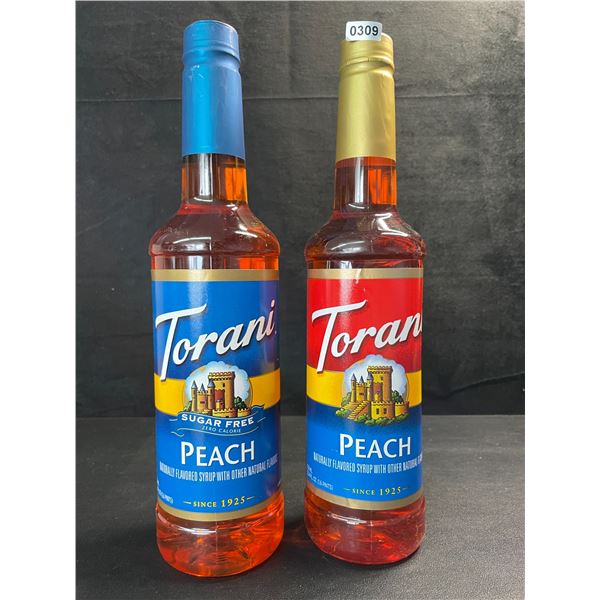2 Torani Naturally Flavored Syrups; Peach Sugar-Free & Regular Peach - New