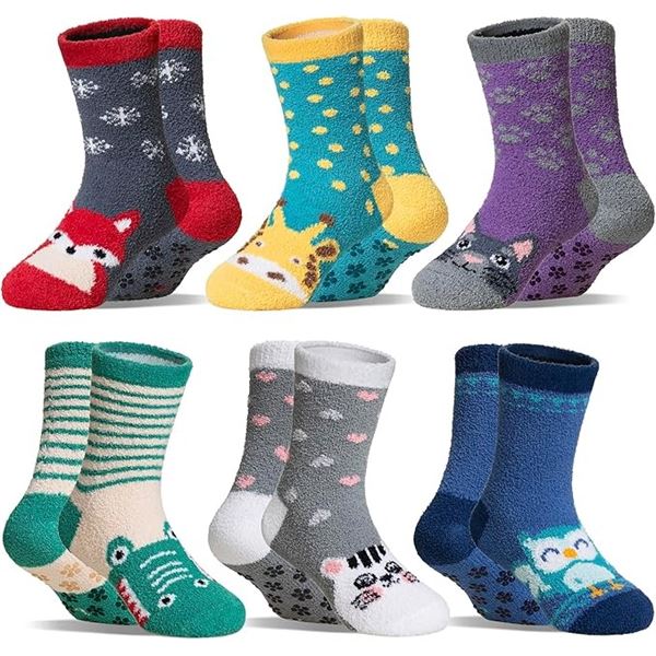 6-Pairs of Kids Fuzzy Slipper Socks w/ Grips; Animal Designs - Fits 8-12yr Old - New