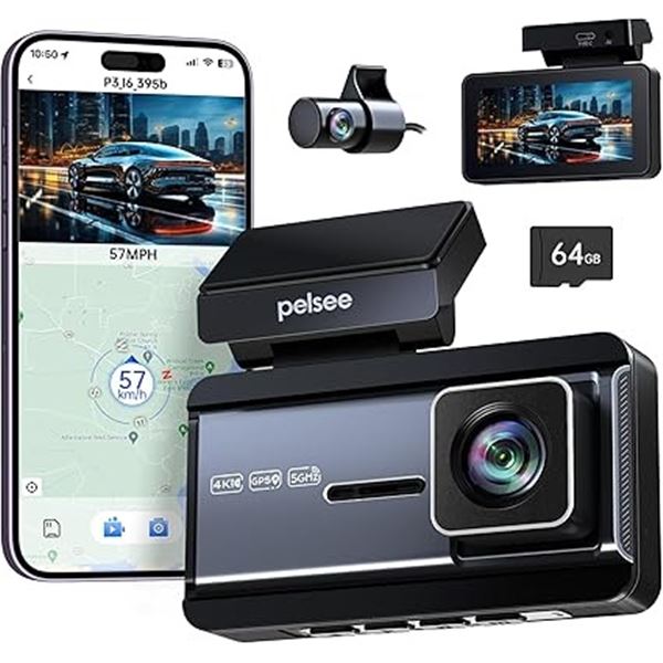 1 Pelsee P3 4K Dual Front and Rear Dash Cam 64GB w/ WiFi, GPS, 3" IPS Display, APP/Voice Control NEW