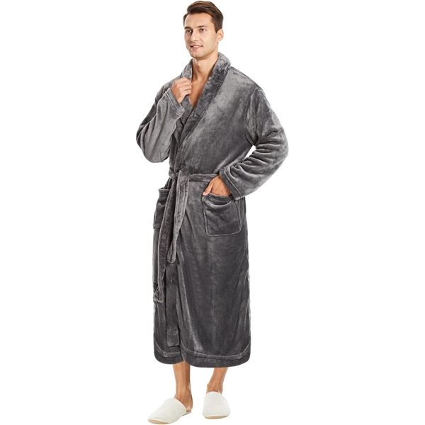 1 Men's Plush Fleece Robe/Housecoat with Shawl Collar - Size M - Grey - Brand New