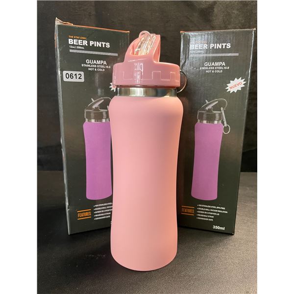 2 Insulated Water Bottles (12oz) Double-Wall Vacuum Insulated Bottles w/ Straw - Pink - New