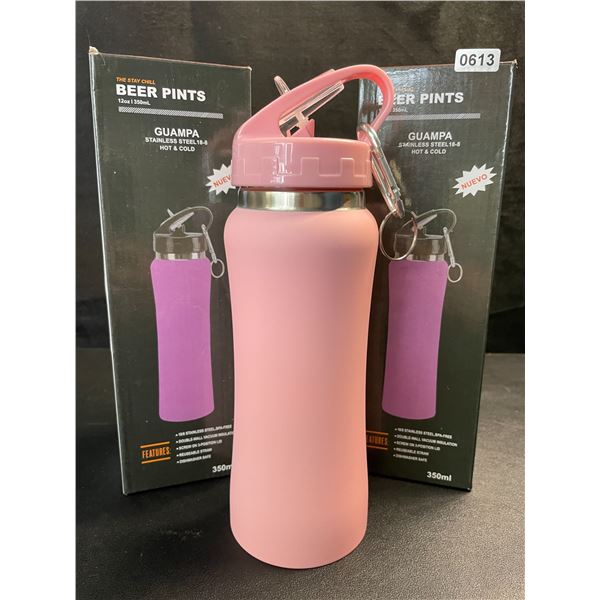 2 Insulated Water Bottles (12oz) Double-Wall Vacuum Insulated Bottles w/ Straw - Pink - New
