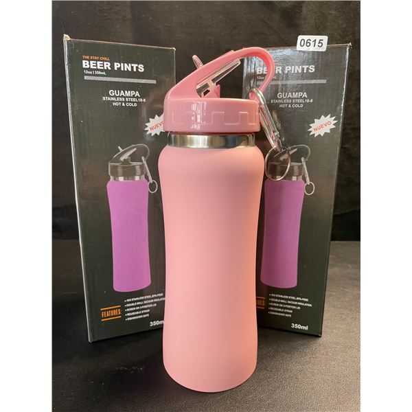 2 Insulated Water Bottles (12oz) Double-Wall Vacuum Insulated Bottles w/ Straw - Pink - New