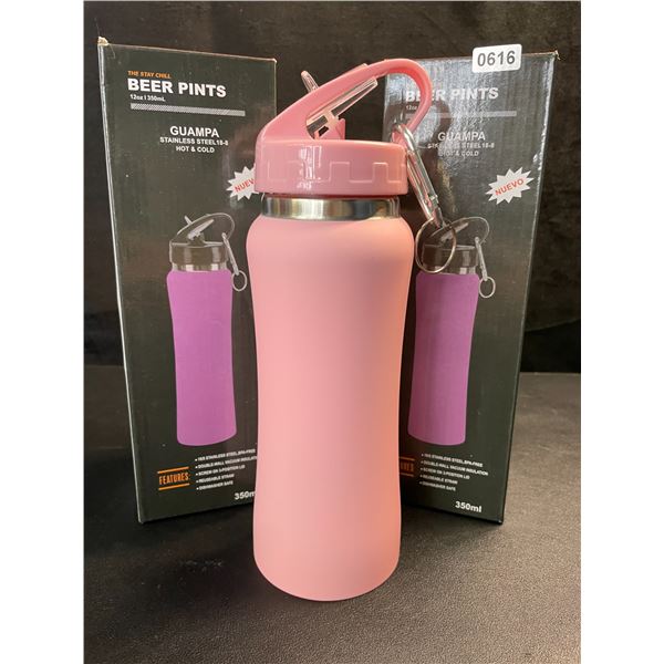2 Insulated Water Bottles (12oz) Double-Wall Vacuum Insulated Bottles w/ Straw - Pink - New