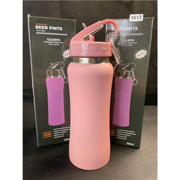 2 Insulated Water Bottles (12oz) Double-Wall Vacuum Insulated Bottles w/ Straw - Pink - New